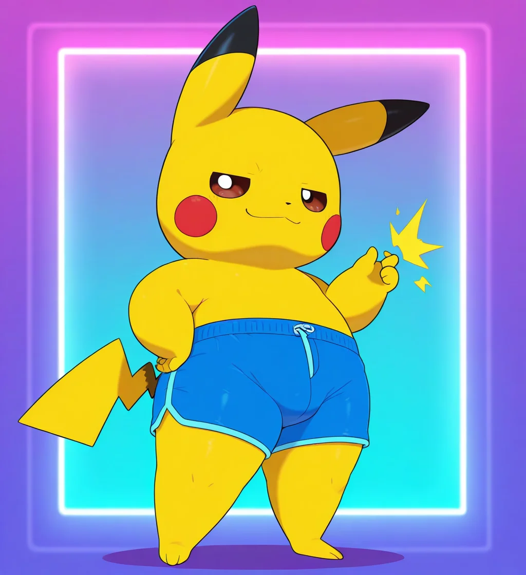 high resolution, best quality, 4k, <lora:Abnarie_Style_IL:1> style of abnarie, solo, male, smug, head tilt, full body, snapping fingers, hand on hip, blue rubber shorts, rave, neon background, feral, pikachu, yellow skin, short stack