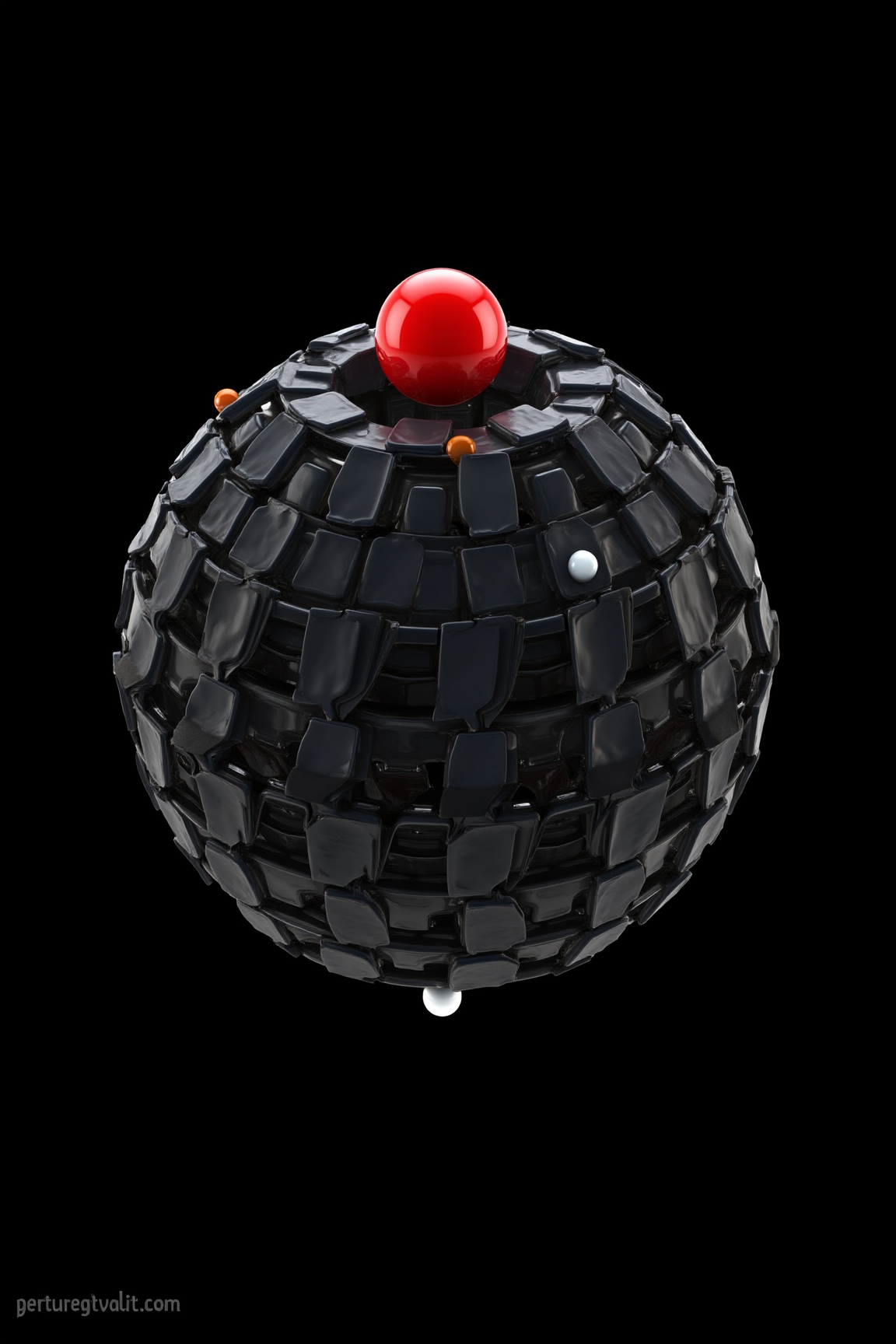 A 3D Rendered abstract of, sharp photo of a 3D rendering of a spherical object that appears to be made up of small, interconnected squares and rectangles. The object is black in color and is set against a completely black background. The sphere is in the center of the image and is slightly tilted to the left. On top of the sphere, there is a small red dot, which is the focal point of the object. The red dot is slightly larger than the black sphere and is positioned in the top right corner. Below the sphere is a smaller, white dot that is slightly smaller than the red dot. sharp photo of taken from a slightly angled perspective, looking up at the sphere. The overall composition is abstract and futuristic.