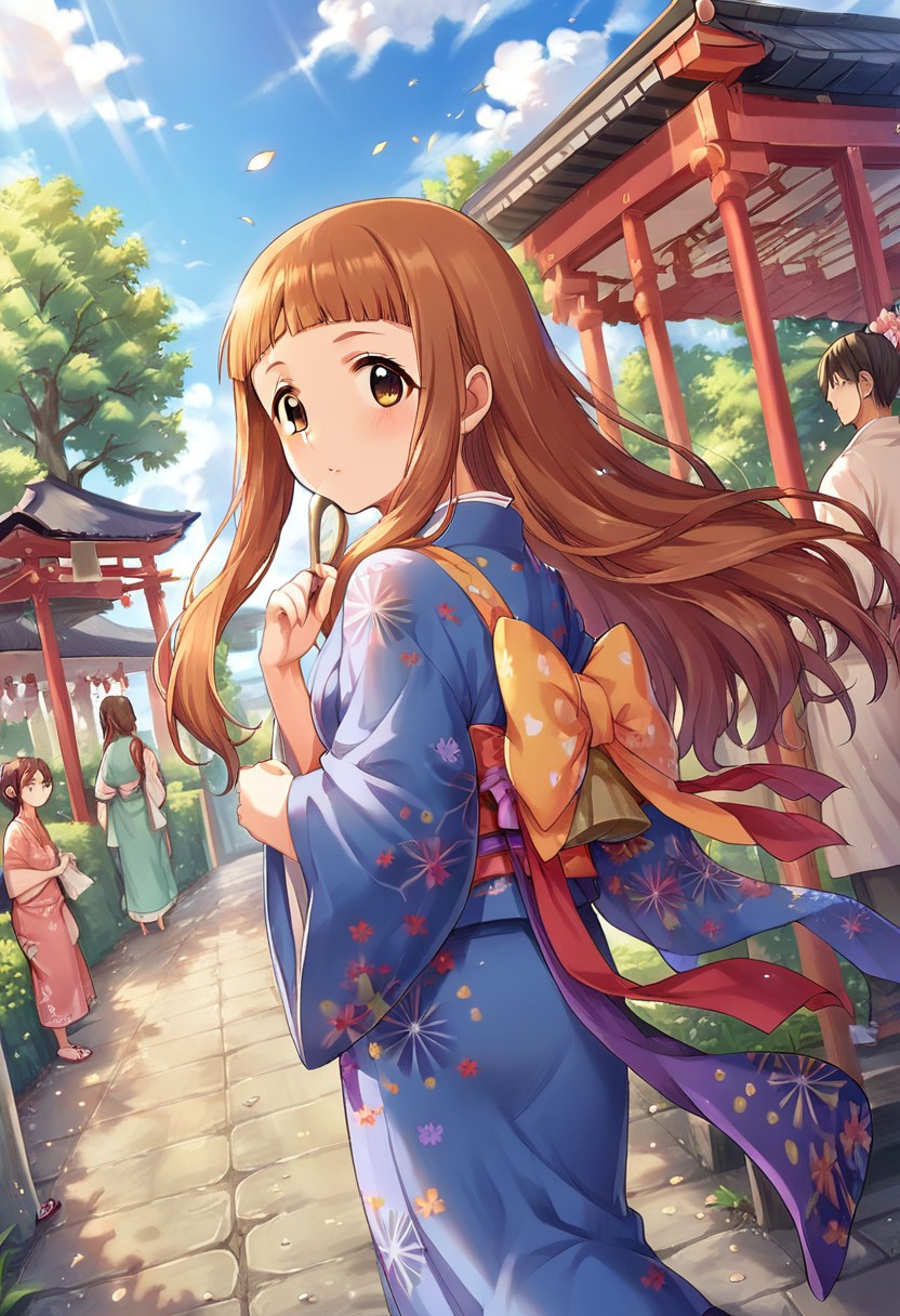 score_9, score_8_up, score_7_up, source_anime,ichihara nina, long hair, brown hair, brown eyes, 1girl, japanese clothes, kimono, outdoors, sakura festival
