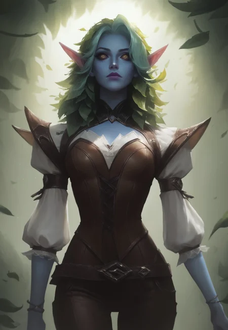 (score_9, score_8_up, score_7_up), missfortune, detailed_eye_model, concept art, realistic, Lol style, league of legends style, lol, league of legends, BREAK, 1woman, cowboy-shot, dramatic lights, clear eyes, sharp eyes, high quality eyes, high resolution eyes, detailed eyes, looking at viewer, eye contact, ((Elf, pointed ears, freckles on face, beautiful, detailed face, beautiful face, blue skin, golden eyes, green hair, leaves in hair, leaves)), neck-length hair, loose hair, leafy hair, ((white shirt, flowy sleeves)), ((brown corset, brown leather pants)), belt, ((blue skin)), ((freckles on face)),