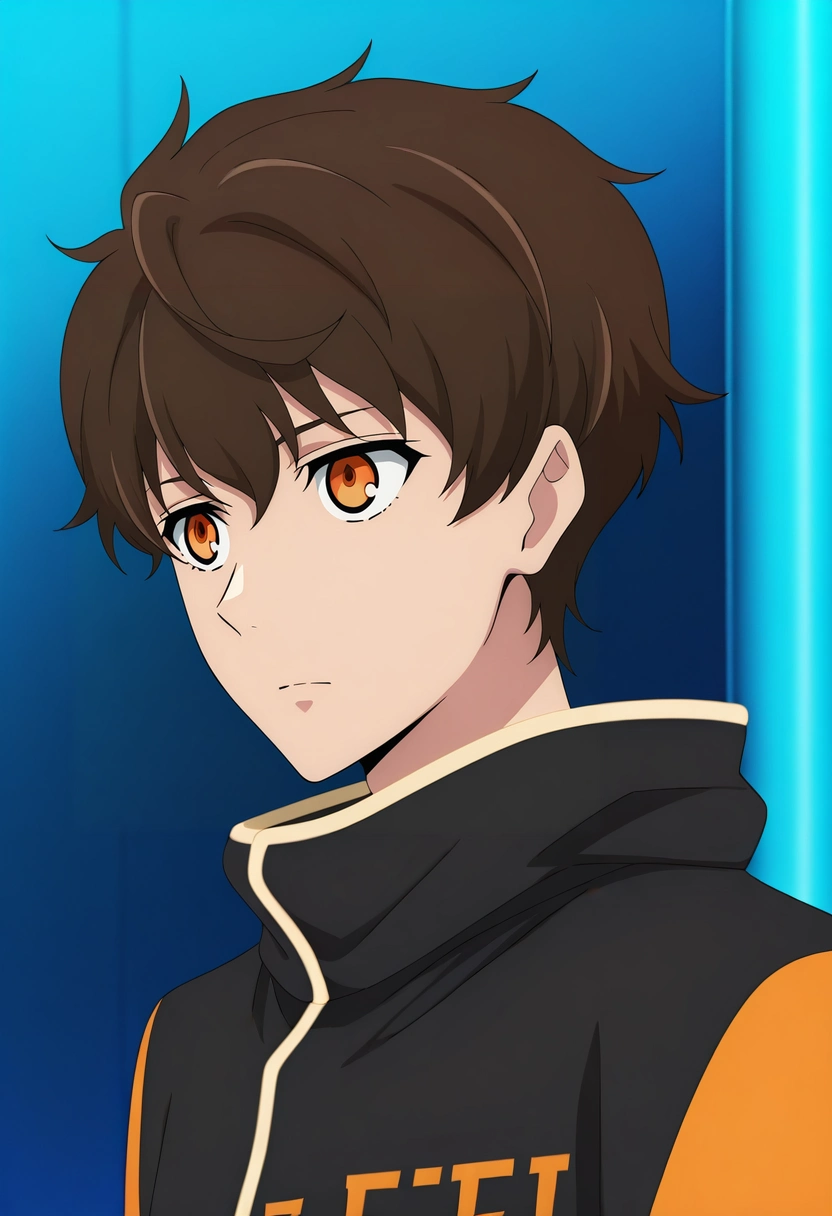 masterpiece, best quality, intricate details, anime screencap, , official style,, 1boy, solo, male focus, <lora:twenty-fifth_bam_ilxl:0.94>, twenty-fifth_bam, brown hair, orange eyes, short hair, , , , geek costume
