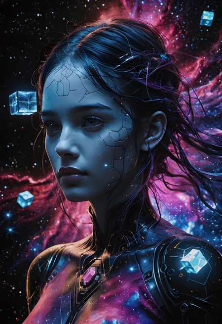 Dreamscape Human anatomy,fragmented body parts,3d cube fragmentation of body,cubes and orbs breaking off face,cgi surreal masterpiece,vibrant colors,rim lighting,mechanical fragmentation,biosphere decomposition,high detail,floating parts,detailed cosmic background,fractal art,galaxy light vision,16k,Astral concept art,sharp lines, . Surreal, ethereal, dreamy, mysterious, fantasy, highly detailed, score_9, score_8_up, score_7_up, score_6_up,