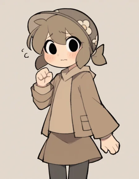 zPDXL, score_9, score_8_up, score_7_up, source_anime, flat color, sketch,
1girl, solo, shy, blush, (symmetrical hand pose), brown hair, low ponytail, brown hat, brown jacket, brown shirt, brown skirt, black leggings, black eyes, chibi,
<lora:TemmieChang_ver2:1> tmchng,