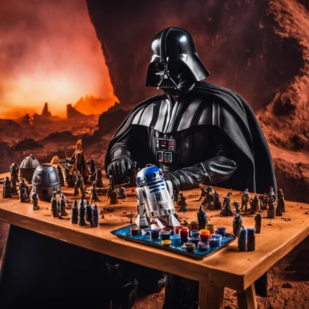 life-size Darth Vader sits at a table at his fortress on the volcanic planet Mustafar, holding a small paintbrush, carefully painting a miniature figurine of r2d2, numerous other Star Wars figurine and paints are in the scene, environment is a fortress on Mustafar, shallow depth of field, cinematic, photographic, photography, HDR