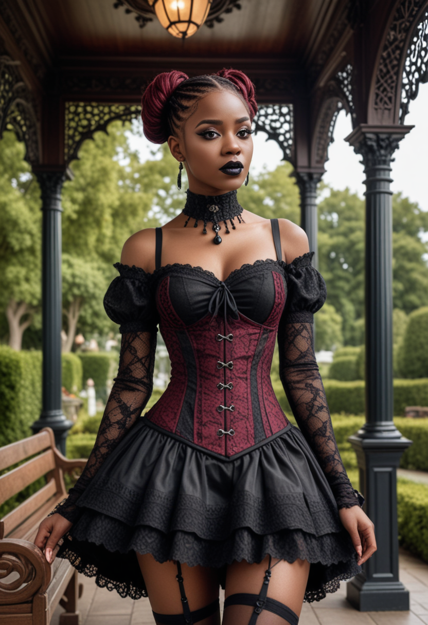 (medium full shot) of  (esthetic gothic maiden) young woman, african, dark skin, black eyes, lithe build, short brown pigtails hair, wearing Victorian-inspired ensemble in black lace, corseted dress, fishnet stockings, lace-up boots, Dark burgundy lipstick, heavy black eyeliner, silver eyeshadow accents, pale skin, dark nail polish, set in  Victorian Bandstand, Elaborate bandstand adorned with intricate wood carvings, surrounded by neatly trimmed hedgerows, rows of wooden benches facing the stage, towering cypress trees providing shade and a sense of intimacy , woman surprised, open mouth, running toward the viewer, Masterpiece,best quality, photo, realistic, very aesthetic, detailed face,