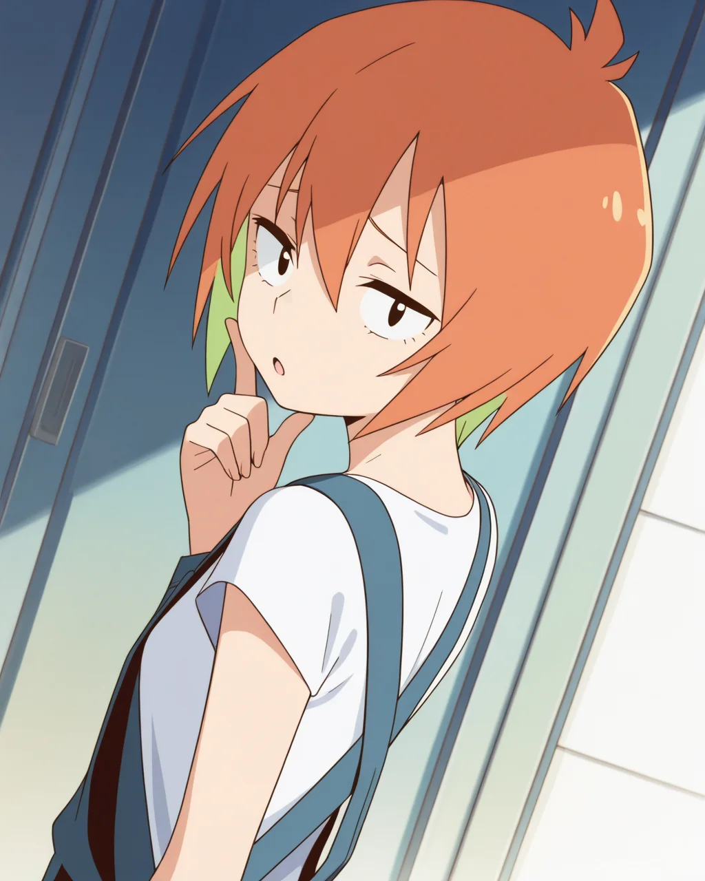(masterpiece:1.4), (best quality:1.4),  very aesthetic,best quality, amazing quality, absurdres,
yasaku_rei, orange hair, 1girl, solo, short hair, , multicolored hair,
white shirt,half sleeve,denim overalls,
 <lora:yasaku_rei:1>
standing,from behind
upper body,one finger on cheek,looking at viewer,dutch angle,sad,:o ,open mouth,