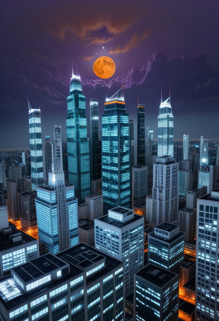 night, dark-orange cloud lumened by city, bright moon, dark-gray-purple sky; sky scrapers square and rectangular skyscrapers with white frequent square windows, shades of skyscraper windows: dark blue, dark turquoise. The roofs of skyscrapers from dark squares or  illuminated with a dim blue border,