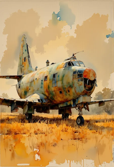 A watercolor painting of an old propeller plane in a field. The plane is painted in a camouflage pattern of green, brown, and orange colors. It has four large propellers with red and black blades. The propellers are pointing towards the right side of the image. The background is a mix of orange and yellow hues, with a hint of blue sky and clouds. The field is covered with tall golden cereals, and there are trees in the distance. The overall mood of the painting is peaceful and serene. Fighting in world war 2.