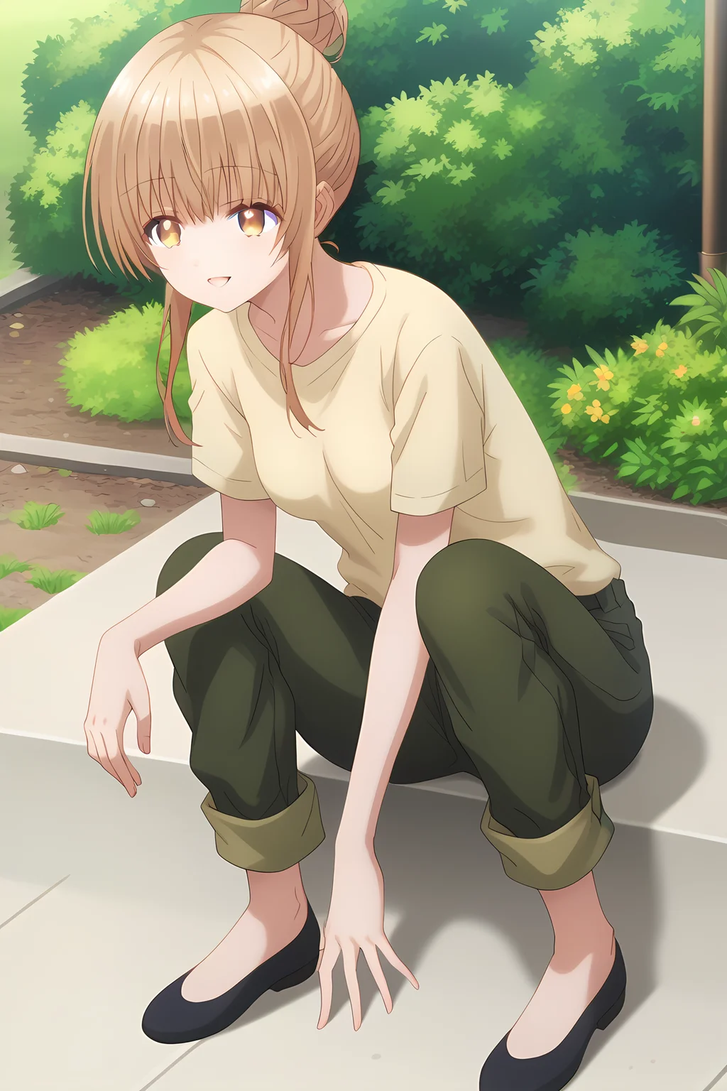 yellow shirt green pants, an-mahiru, medium breasts, 1girl, solo, skinny, masterpiece, high quality, (full body|sitting|standing|lying), outdoors, happy, score_9, score_8_up, score_7_up, source_anime, anime, anime style, hair bun <lora:an-mahiru-pony-V01-000005:1.00>
