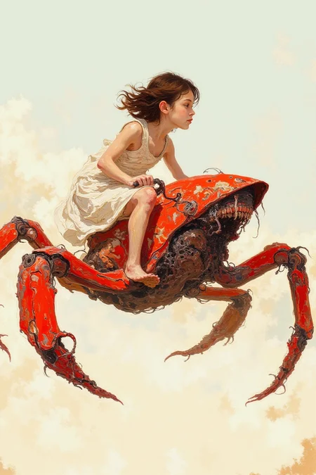 DB4RZ,<lora:FLUX-daubrez-DB4RZ-v2:1>,A young woman with meticulously disheveled, shoulder-length brown hair, clad in a diaphanous white sundress, perches atop a biomechanoid contraption resembling a mechanical arachnid. The machine, rendered in a vibrant, cadmium red with bone-white accents, mimics the splayed posture of a predatory beast in mid-leap. The woman, with a mischievous glint in her eyes, grips the rudimentary handlebars, her posture suggestive of both exhilaration and nonchalant control. The scene, bathed in the lambent glow of an imagined noonday sun, is devoid of background, emphasizing the kinetic synergy between girl and machine. The perspective is a low three-quarter angle, accentuating the dynamic forward momentum. Include intricate, almost anatomical details in the mechanical limbs to suggest a fusion of organic and engineered elements.