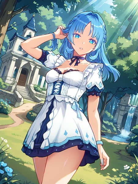 score_9, score_8_up, score_7_up, source_anime, BREAK
(detailed face, detailed eyes, cowboy shot:1.5), (beautiful forest garden, grass, dirt path, european architecture, mansion, perfect lighting, god rays, bloom:1.5), outdoors, daytime, (head tilt:1.5), (looking at viewer:1), from side, waterfall, river, teeth, pov, parted lips, (adjusting hair:1.5), (perspective, dutch angle:1.3), BREAK
<lora:Genshin_NPC_MaryAnn_Pony_v1:0.8>, (long eyelashes, thick eyelashes:1.5), 1girl, solo, shiny hair, blue hair, parted bangs, shiny blue eyes, blue nails, nail polish, toenail polish, bow, ribbon, jewelry, collarbone, cleavage, choker, medium hair, puffy white sleeves, short sleeves, white dress, (frills, lace:1.5), french braid, (bracelets:1.3), hair intakes, medium breasts, lips, (thighs, bare legs:1.3), (dark blue skirt:1),