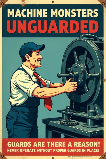 "Vintage safety sign illustration of a worker operating a large, dangerous-looking machine with all the machine guards completely removed or bypassed. He is happily feeding his tie into moving gears and ignoring exposed blades and belts spinning dangerously close to his hands. He has a blissful, carefree expression, completely unaware of the imminent danger of entanglement. The sign text in bold, vintage lettering cries out: 'MACHINE MONSTERS UNGUARDED! GUARDS ARE THERE FOR A REASON! NEVER OPERATE WITHOUT PROPER GUARDS IN PLACE!' Render in a stark, slightly unsettling vintage cartoon style, contrasting the worker's oblivious happiness with the clearly dangerous unguarded machinery. Use a color palette that emphasizes the cold, metallic nature of the machinery (greys, blues) and warning reds for danger zones around the unguarded moving parts. Visually stunning vintage cartoon, direct machine guarding safety message, high detail in machine components and the worker's dangerous disregard for safety." <lora:REMEs_War_Poster_Style:0.9> In REME's War Poster Style,âââ