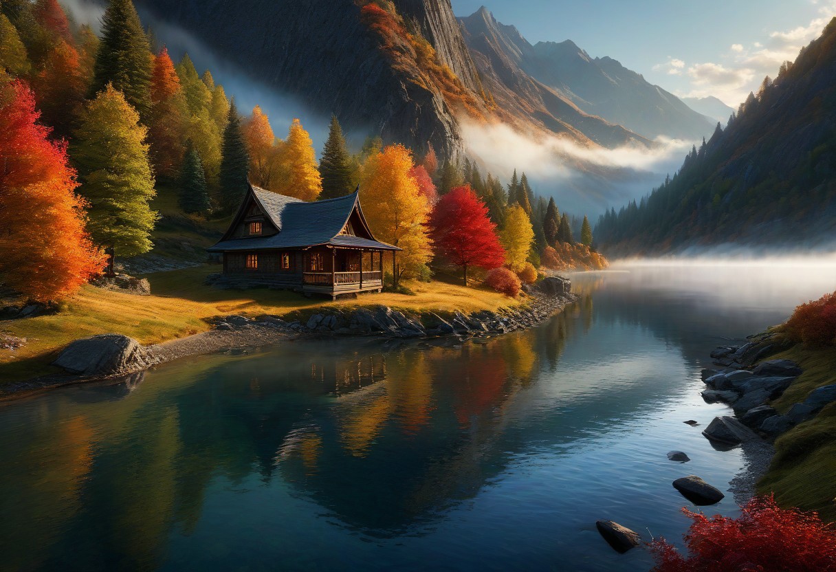 fog rolling into valley, LOTR landscape, fantasy, great lighting, small cottage, highly detailed, extremely high-resolution details, reflection in lake colorful fall trees, mountain trail, winding river extending to the horizon, professional photography, natural lighting, volumetric lighting maximalist. vivid, vibrant colors, intricately detailed, complex, elegant, expansive, fantastical, film photography style, fine grain, Greg Rutkowski
 (8k uhd:1,4)