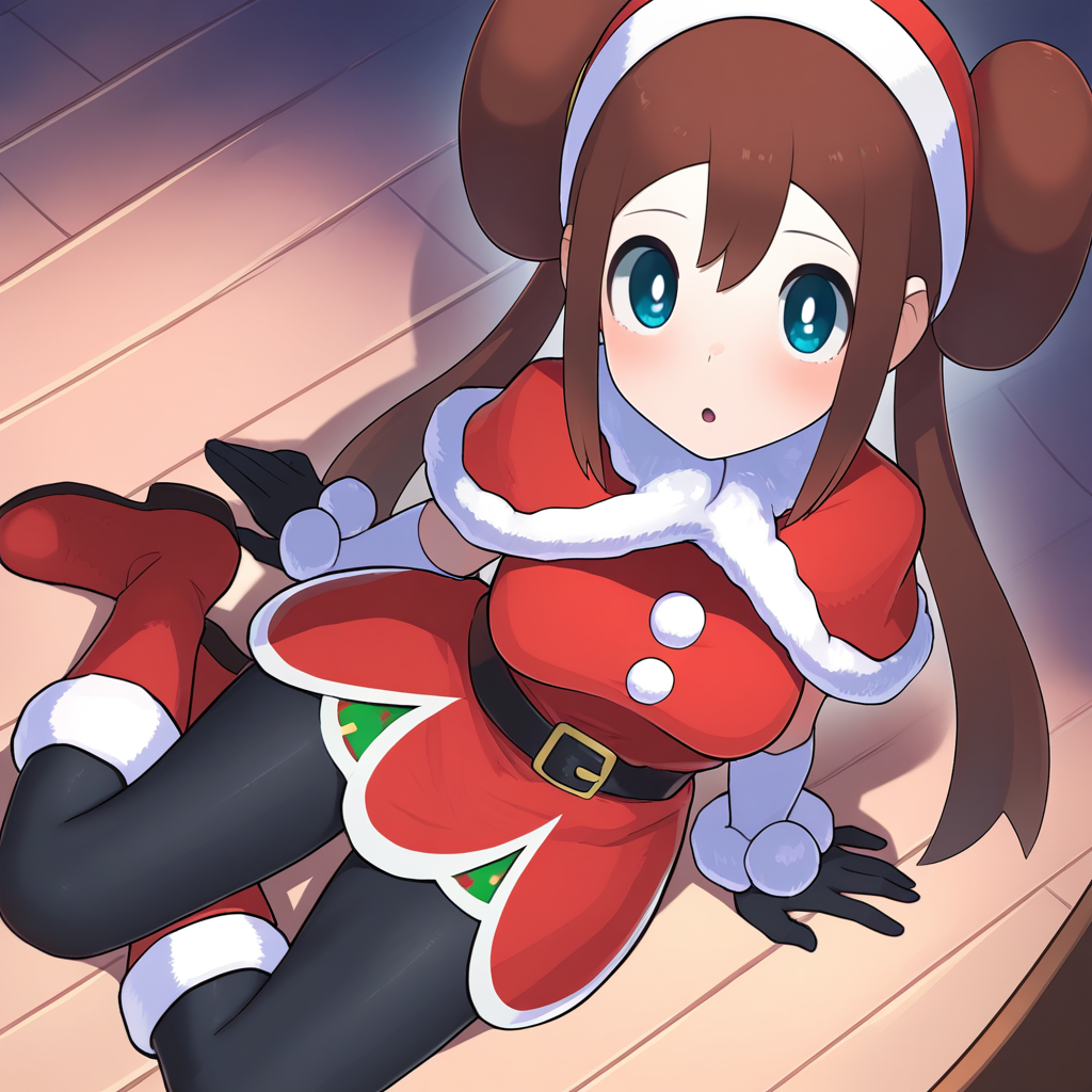 2d, masterpiece, best quality, amazing quality, highres, absurdres, newest, 1girl, solo, sitting, yokozuwari, from above, dutch angle, looking at viewer, wooden floor, medium breasts, rosanta, def colors, rosa \(pokemon\), blue eyes, white pupils, brown hair, long hair, bangs, twintails, double bun, sleeveless dress, red dress, santa costume, santa hat, fur trim, fur-trimmed capelet, red capelet, black belt, black gloves, white elbow gloves, black pantyhose, knee boots
