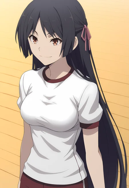 score_9, score_8_up, score_7_up,closed mouth, shiny skin, light smile,ohwx, black_hair, long_hair, 1girl, solo, brown_eyes, breasts, hair_ribbon, ribbon, medium_breasts, very_long_hair, large_breasts, half_updo,gym_uniform, Pretending to slip on a banana peel, zen stone bridge,,<lora:akio_fudo_pony_sobsynapse-000011:1>