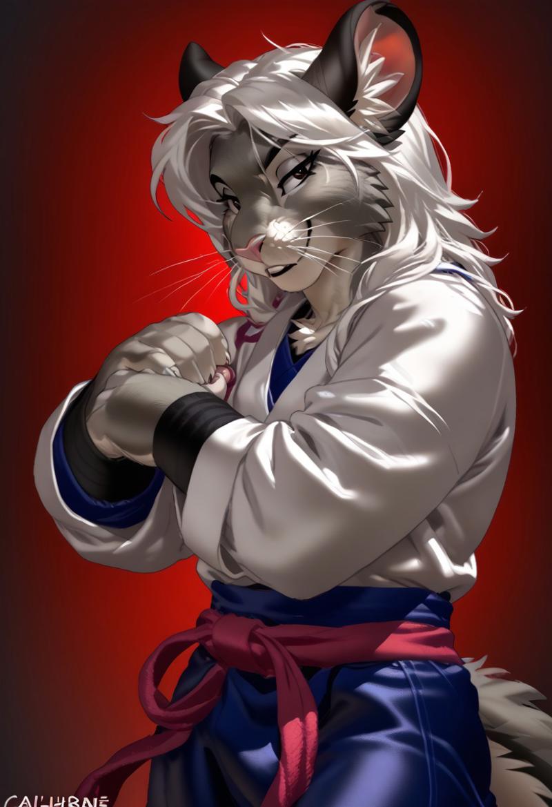 score_9, score_8_up, score_7_up, (by jailbird:1.5), (by kittydee:1.5), (by zummeng:1.5), masterpiece, best quality, (solo),  
(Furry Art: anthro: chinchilla:1.5), expressive eyes, feminine eyes, <lora:beautiful_detailed_eyes:1>, perfect face, rodent, grey fur, long tail, round animal ears, whiskers, rabbit nose, (white hair:1.5), (bob cut hair), (blunt bangs), small breasts, (judo topwear:1.5), (judo pants:1.5), (sports bra),