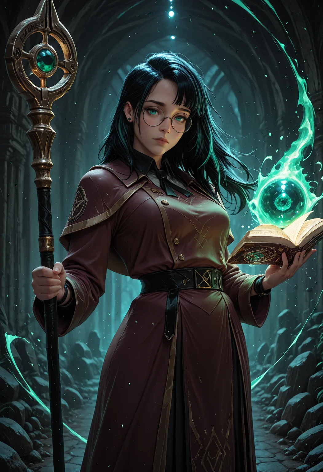 SmoothNoob_Quality, (dark fantasy style:1.3), (film grain:1.3), cinematic, 8k, (light particles:1.1), (streaks of light:1.2), wind, (breeze:1.1), 1girl, oval glasses, standing, dynamic pose, (facing viewer), holding staff, casting magic, (magical tome:1.3), book of magic, (arcane magic:1.2), flowing magic, bangs, black hair, long hair, (emerald eyes:1.1), (mage uniform:1.3), leather armor, jewelry, (ear piercings:1.2), earrings, bracelets, medium_breasts, slim_waist, (slim:1.1), looking at viewer, solo