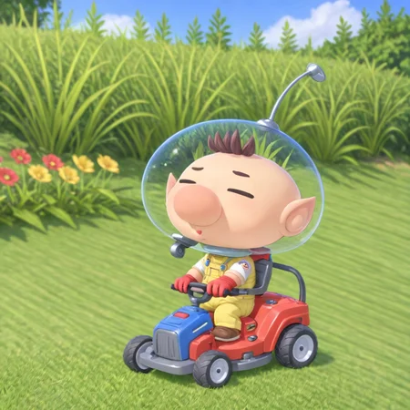 1boy riding a (lawnmower) through garden, chibi, mischievous, smirk, cute, colorful eyes, best quality, high quality, masterpiece,  <lora:PikminOlimarXL:0.6> pikminolimarxl, outdoors, bignose, cut grass