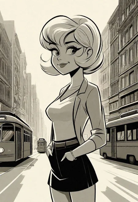 a woman, blonde short hair, bangs haircut framing her face, smiling,
((Wide shot,low perspective, full body shot)), in a the middle of the street, sexy pose, tram in the background,
<lora:BW_Vintage_Cartoon:1.0>
