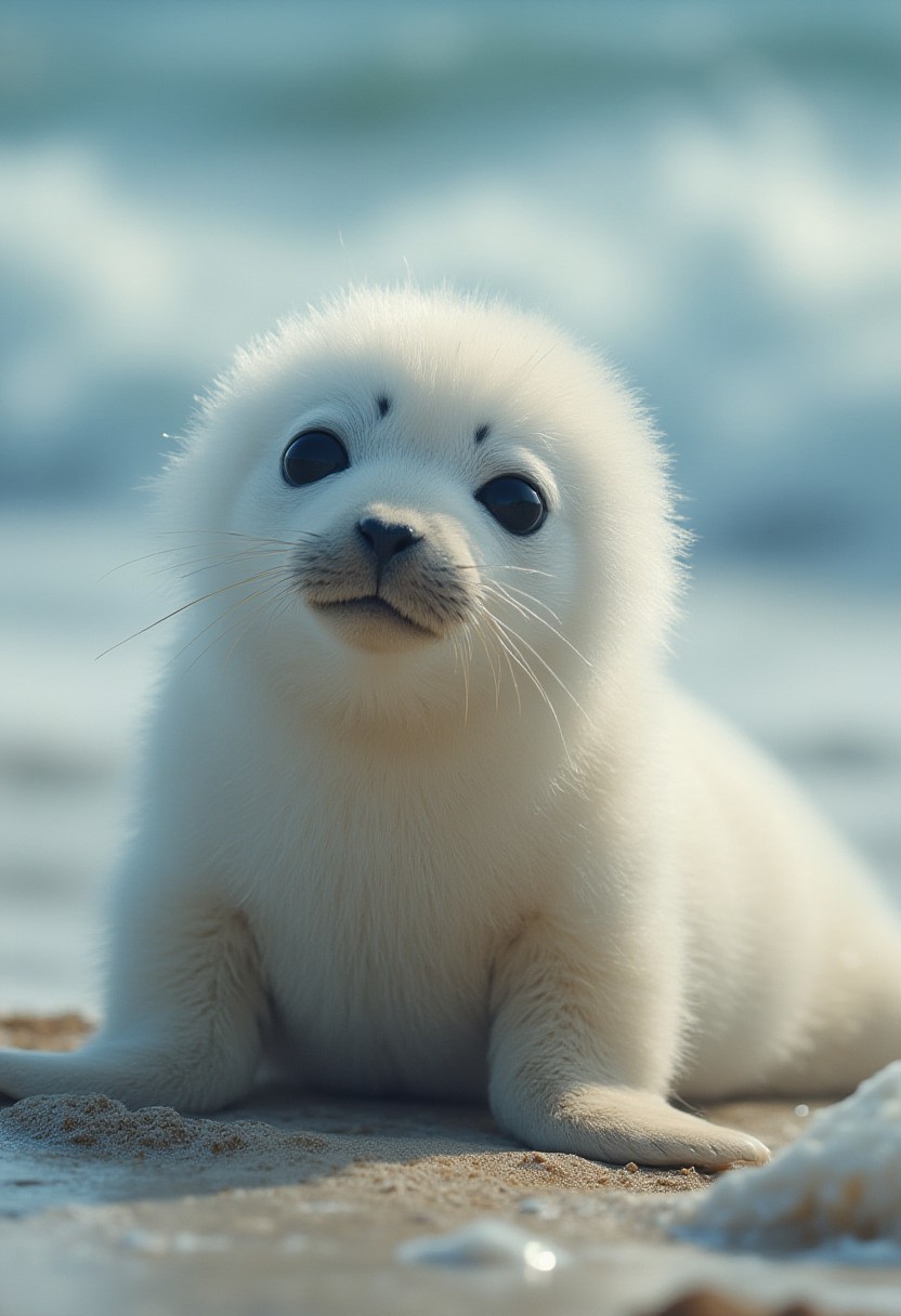 Cinematic, Beauty, Realism, Light and Shadow, Cinematography, Film Stills,, "Close-up portrait of adorable baby cheerful harp seal, fluffy white fur, big dark eyes, cute little nose, whiskers, sitting on the beach. Soft focus with ocean in the background. Hyperrealistic, detailed fur texture, high quality nature photography style."