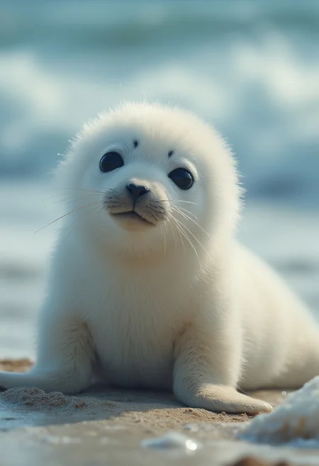 Cinematic, Beauty, Realism, Light and Shadow, Cinematography, Film Stills,, "Close-up portrait of adorable baby cheerful harp seal, fluffy white fur, big dark eyes, cute little nose, whiskers, sitting on the beach. Soft focus with ocean in the background. Hyperrealistic, detailed fur texture, high quality nature photography style."