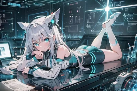 (masterpiece), (science fiction:1.4), 1girl, lying on the back on a mirror, lying on the back on a mirror, lying on the back on a mirror, smile, silver hair, aqua eyes, headgear, long sleeves, detached sleeves, glowing energy clothing, light particles, energy particles, perfect hands, perfect legs