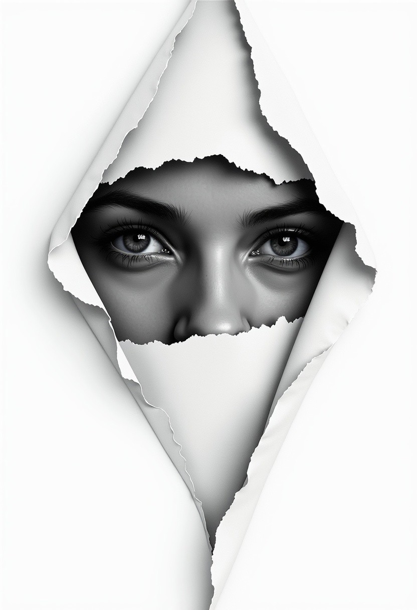 A hyperrealistic oil painting, white background of an eye peeking through ripped paper with the shape of one human's face in black ink , capturing intricate details and textures on a clean white canvas, monochrome colors of grey and stark contrast to highlight the subject against a simple yet striking backdrop, emotion through expressive facial features and depth of field that adds character.
