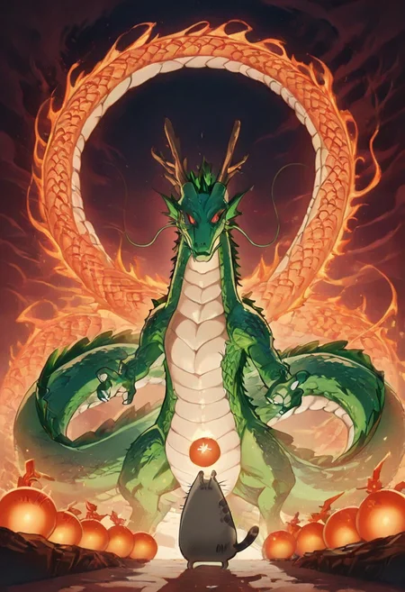 Bosstyle, Pusheen summoning a giant green Dragon: Capture the essence of nostalgia and color in this animated illustration. Dominating the scene is a meticulously detailed, translucent green scaled chinese dragon with burning red eyes, adorned with vibrant patterns, blending seamlessly with its surroundings. masterpiece, best quality, amazing quality, no humans, Pusheen, ((Pusheen standing next to 7 orange balls that have stars on them)), summoning, shenron, extremely long green dragon shenron,