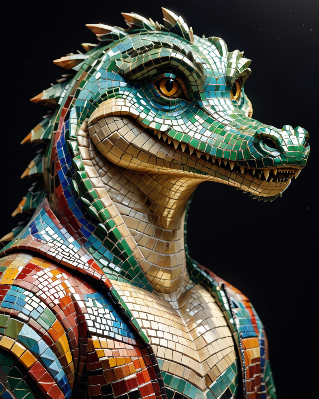 score_9, score_8_up, score_7_up, intricate details, rating_safe,
 <lora:MosaicStyle:1>,
1boy(Mosaic, made from colored stone pieces, 
anthro furry, crocodile, 
full body, looking at the viewer, solo, smiling), black background, 
<lora:ral-chrosc-clr:0.3>, ral-chrosc-clr,
<lora:xl_more_art-full_v1:0.3>,
<lora:add-detail-xl:0.3>