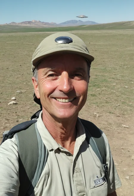 photo close-up selfie of a middle-aged man in hiking gear in the great plains, smiling, sunny day, shadows, (ufo, flying saucer in the background:1.2), slightly blurry, shaky <lora:mobile:0.8>