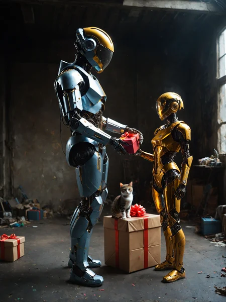 pair of robots, 2 persons, man and women, scifi post-apocalyptic theme, giant man robot in dark grey outfit with scratches and dents, shabby, gives a kitten as a gift, giving a gift, small cat in woman's hands , robot is handing a cat to a another, peting a cat, valentine, valentine day, love, woman robot in yellow metall flake outfit with helmet and dark visor, glittering, futuristic golden, cyborg,
<lora:Allisfulloflove1024:0.0> <lora:d\EnvyZoomSliderXL01:-2> <lora:MidjourneyV6.1:0.2> <lora:Mechanism-pdxl-1:0.4> <lora:add-detail-xl:0.5> <lora:SDXL_dark:0.3> <lora:S1_Dramatic_Lighting_v3:0.3> <lora:Realism_Lora_By_Stable_yogi_SDXL8.1:0.9>