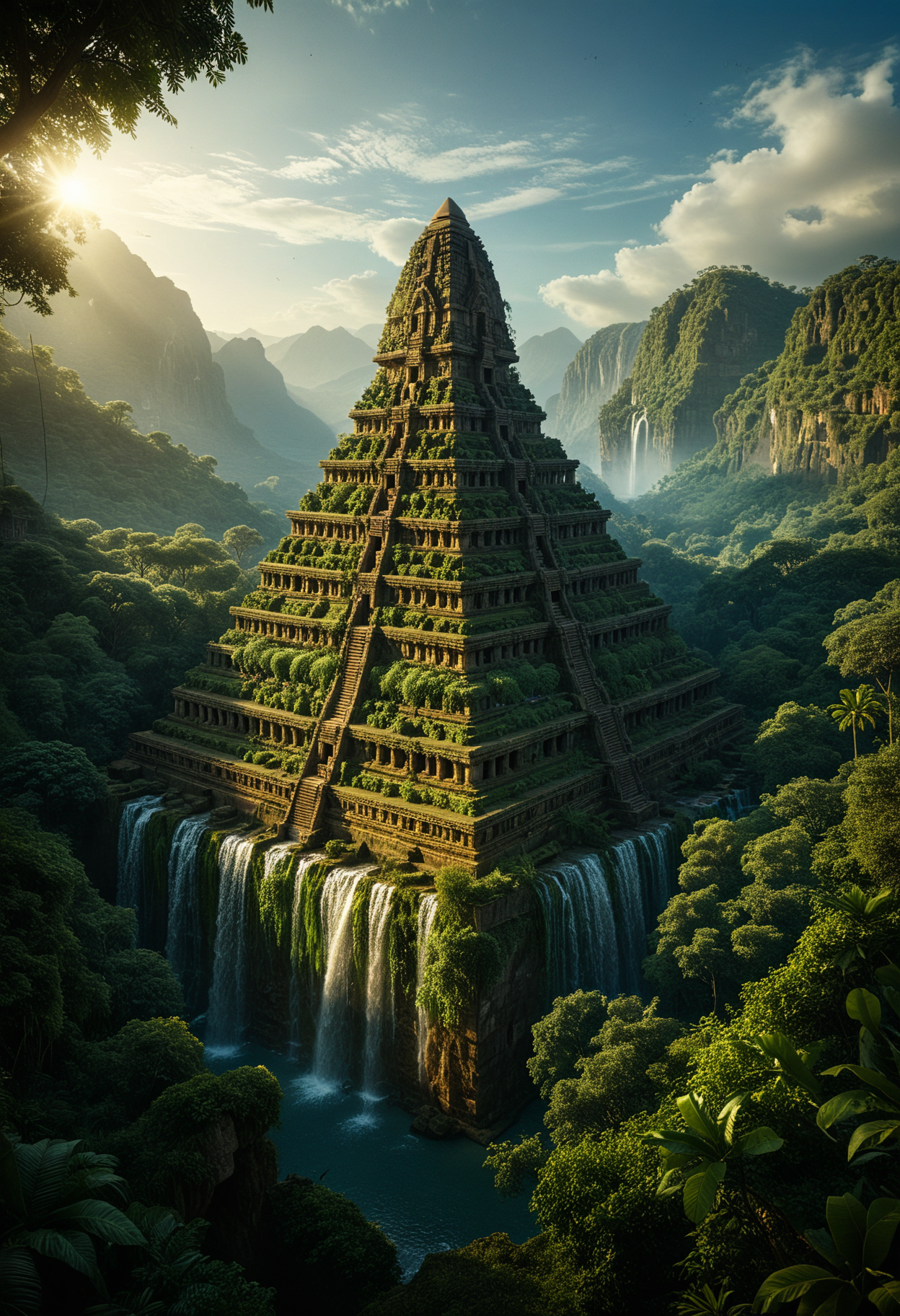 cinematic scene, photography, realistic, A breathtaking landscape, a grand ancient temple pyramid rising majestically from lush greenery, the temple is adorned with intricate carvings and surrounded by cascading waterfalls, The vibrant verdant foliage frames the structure, a clear blue sky above and distant mountains, serene atmosphere, high contrast, dark shadows, bright highlights, light and shadow play, Dslr, <lora:MJ52:0.4>, <lora:add-detail-xl:1>, <lora:volumetric lighting:0.5>, <lora:zavy-cntrst-sdxl:0.3>, <lora:- SDXL - vanta-black_contrast_V3.0:0.3>