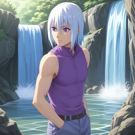 score_9, solo, score_9, solo, suigetsu, white hair, sleeveless, purple eyes, standing, waterfall, natural lighting