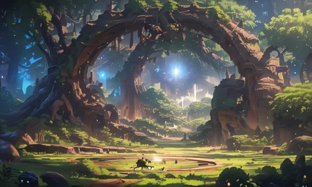 A forest clearing with a circle of ancient stones that glow under the moonlight. Ethereal figures gather around, performing a mysterious ritual. The air is thick with magical energy, and the ground is covered with a carpet of glowing moss and tiny, luminescent insects. <lora:Space_Operetta_Neo_-_Pony_Edition-000007:1>