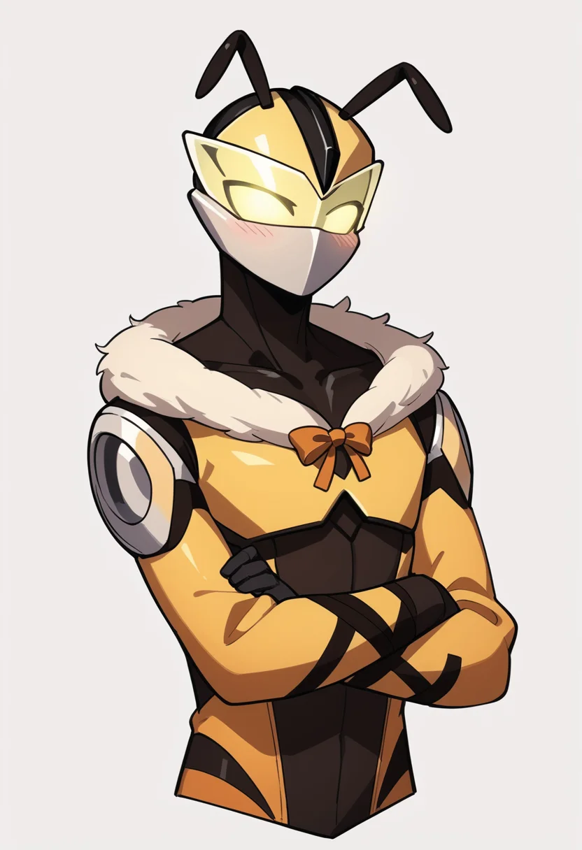 score_9, score_8_up, score_7_up, score_6_up, score_5_up, score_4_up,
1boy, BC-1 robot, blush, bow, cute bee outfit, crossed_arms, full_body, orange_bow, simple_background, sitting, solo, bow, ribbon, white_background, a person with a Bee outfit on, BC-1 helmet, collarbone, cropped_torso, fur_collar, fur_trim, <lora:BC-1_V2_r1:0.8>