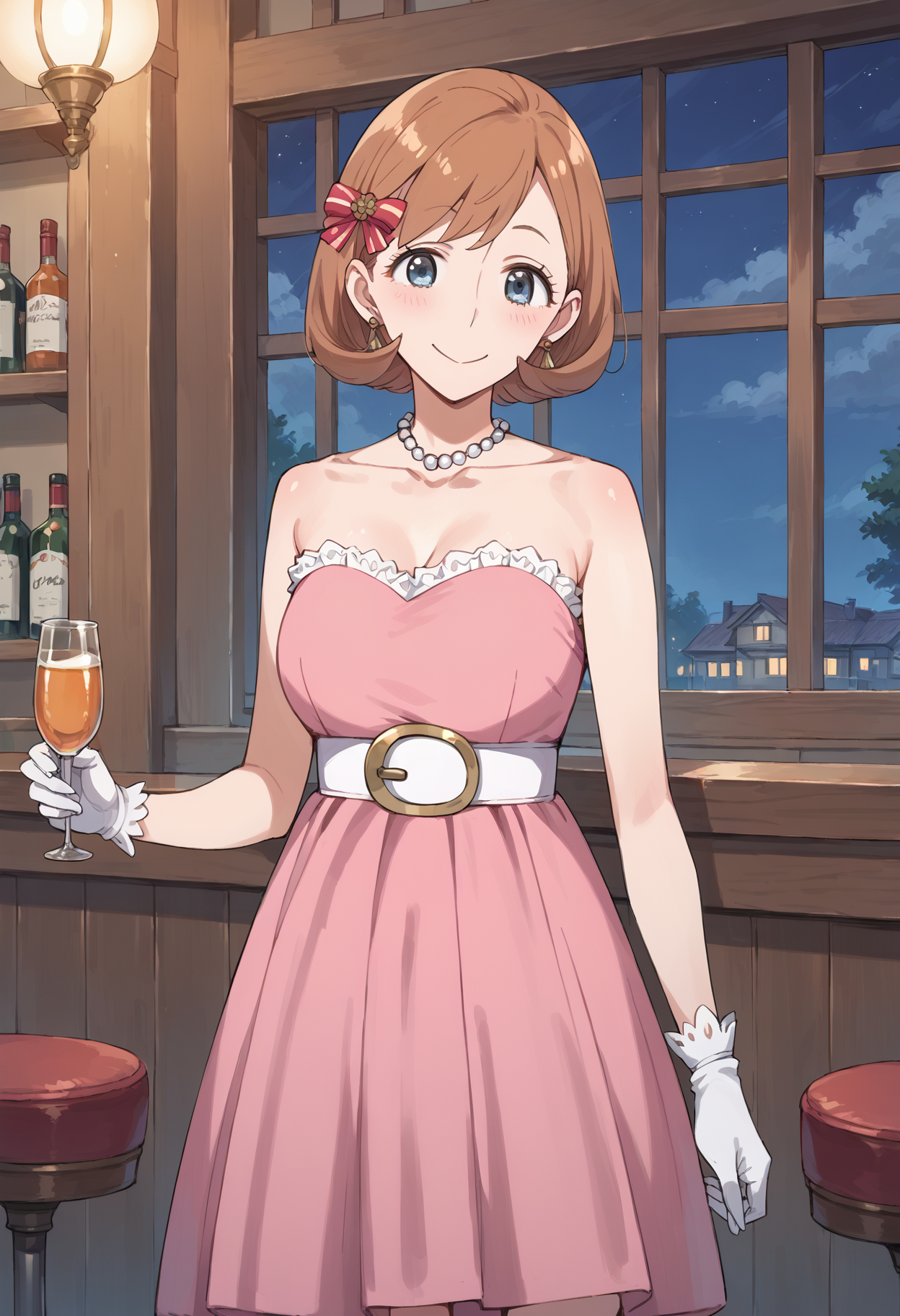 score_9, score_8_up, score_7_up, , score_ANIME, 1girl,,  <lora:millie_myers_pony5:1>milliemyers,pink dress, short hair, hair bow,  white gloves, , brown hair, , , strapless dress, , white belt, smile,grey eyes, cowboy shot, medium breasts, cowboy shot,  knee, indoors, window,  night, night sky,  bar, pearl necklace,  earrings