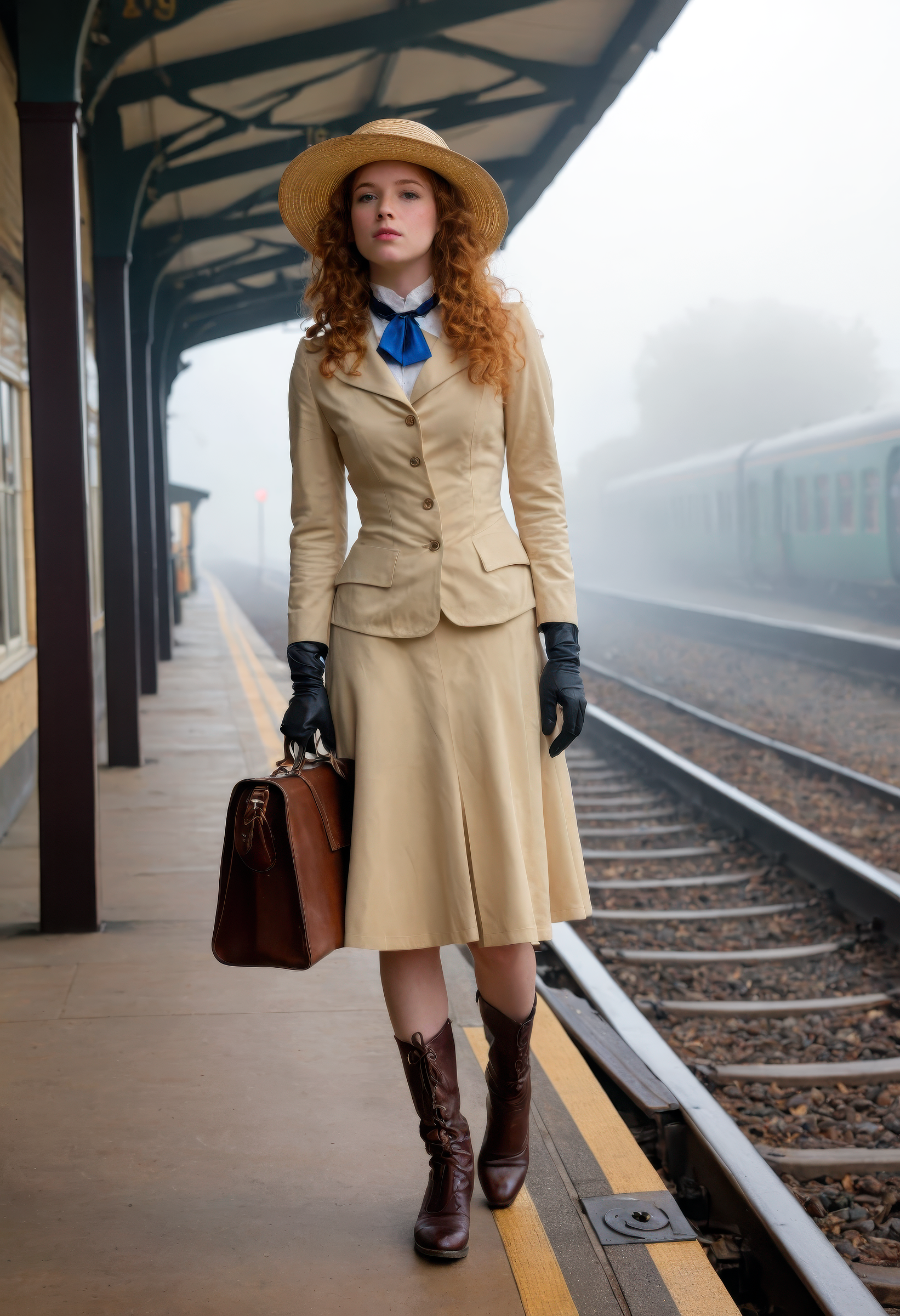 sdxl_jessidom, ginger curls pinned beneath a tilted straw boater hat with a faded blue ribbon, clad in a tailored cream Edwardian walking suit with high lace collar and leather gloves, standing at a fog-kissed railway platform, steam from the train curling around her boots, a leather satchel clutched to her side, eyes scanning for someone who never arrives