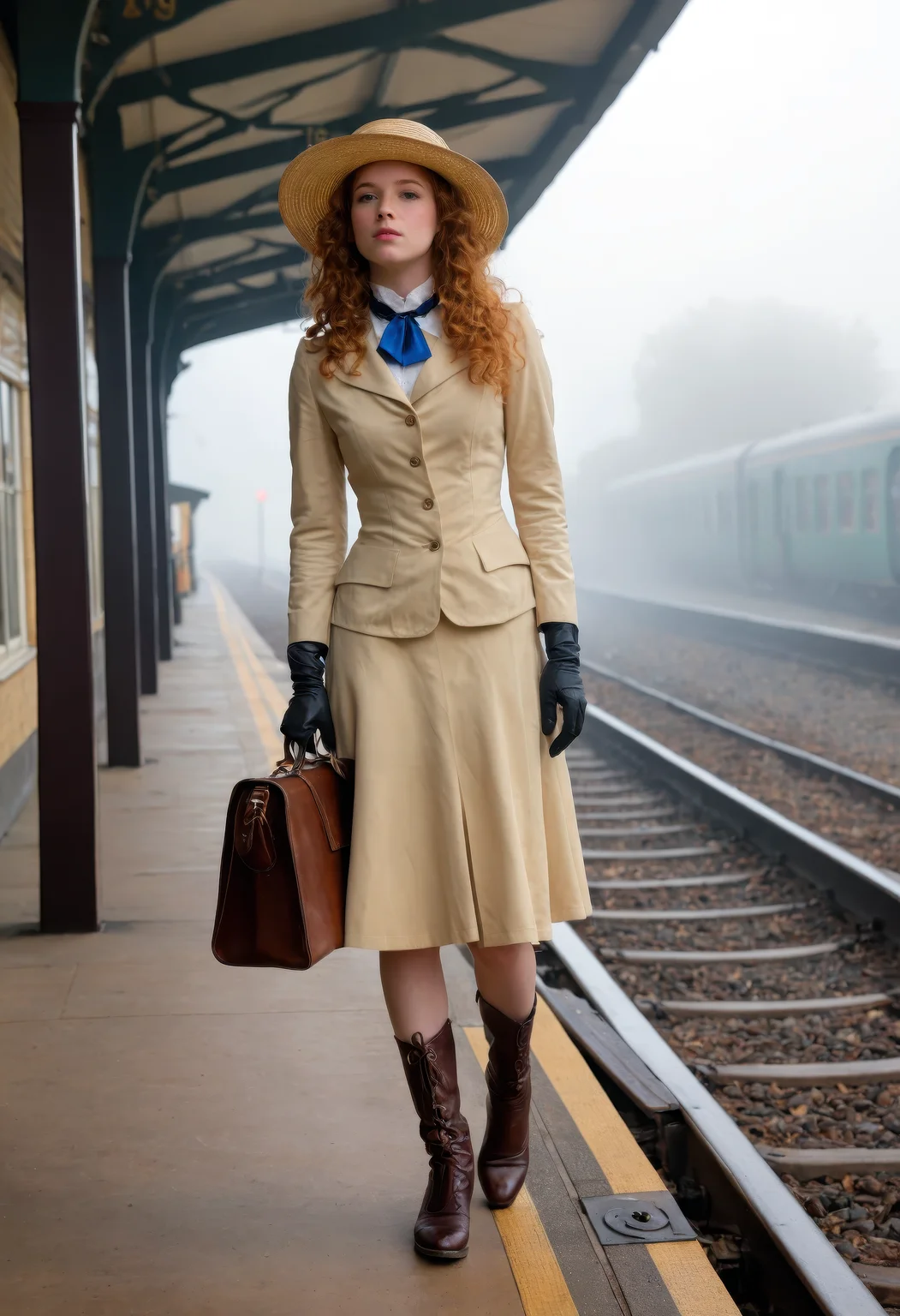 sdxl_jessidom, ginger curls pinned beneath a tilted straw boater hat with a faded blue ribbon, clad in a tailored cream Edwardian walking suit with high lace collar and leather gloves, standing at a fog-kissed railway platform, steam from the train curling around her boots, a leather satchel clutched to her side, eyes scanning for someone who never arrives