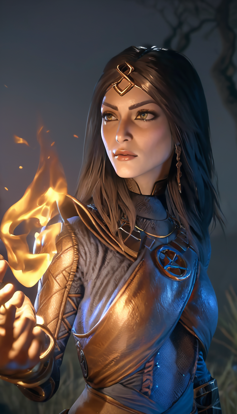 Cinematic scene, hero view, d4s sorceress, action pose, detailed background, masterpiece, best quality, high quality, absurdres <lora:diablo_4_sorceress_v0.0.2:1>, Photorealistic, Hyperrealistic, Hyperdetailed, analog style, detailed skin, matte skin, soft lighting, subsurface scattering, realistic, heavy shadow, masterpiece, best quality, ultra realistic, 8k, golden ratio, Intricate, High Detail, film photography, soft focus