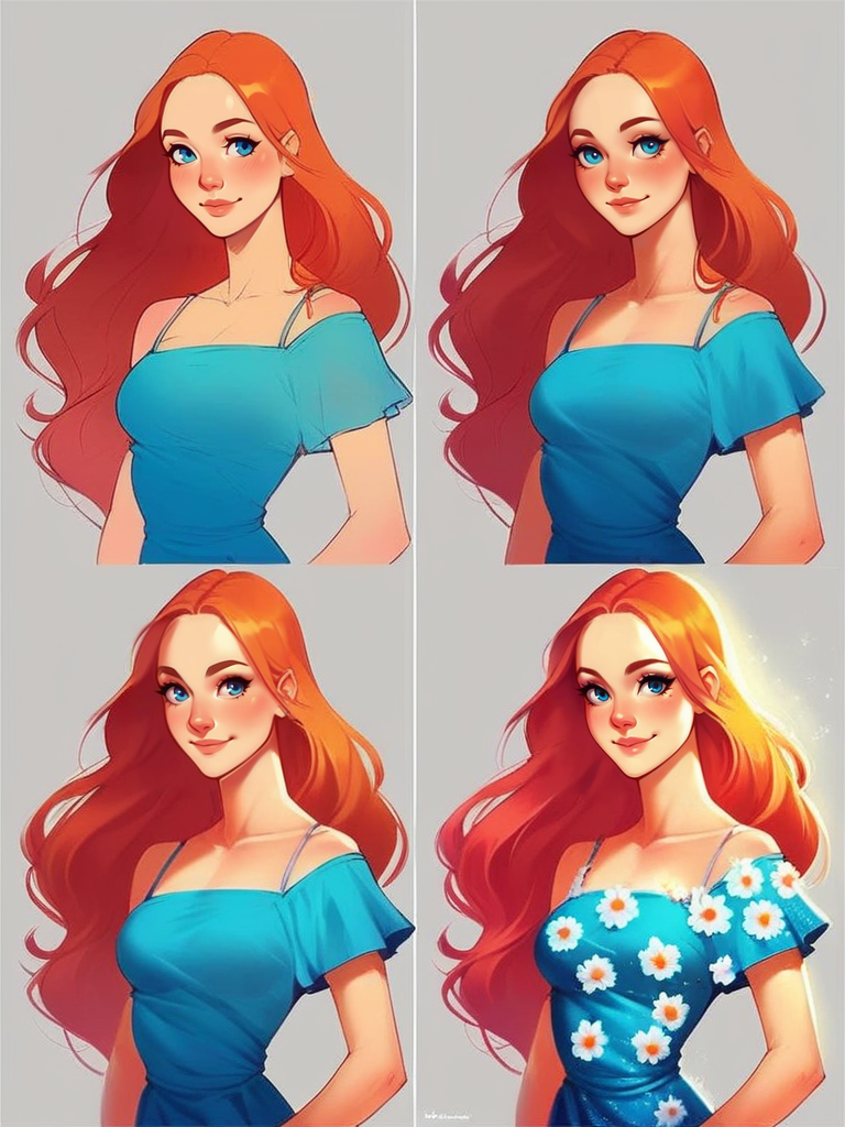 score_9, score_8_up, score_7_up, score_6_up, 1girl, hands on hips, cute pose, shy, sexy, dynamic pose, smile, portrait, dress, blue eyes, long hair, flowers around,
 <lora:StepbyStepColor_concept:0.8>, StepbyStepColor, simple background, coloring, sketch, color guide, multiple views, flat color,