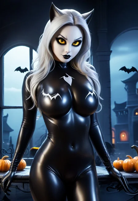 halloween, halloween theme, decorated bar, pumpkins, ghost, jack'o'lantern, bat, bats, ghosts, spiderweb, big spiders, foggy, night, lightning, window, Cambodian woman, asian features, long hair, huge boobs, massive breasts, small waist, fitness body, toned muscle, wide hips, An extreme photorealistic upper body shot of a cat girl with mesmerizing golden eyes and slit pupils. She has long, flowing two-tone hair, white and black, with striking, unrealistic beauty. Her black lips curve slightly to reveal sharp fangs, and her long fingernails are a key feature of her sleek cat suit. Include tiny imperfections like pores, faint freckles, and slight skin texture variations to add realism. Realistic lip texture with soft lines, slight gloss, and natural color variation. Realistically detailed tear ducts, slightly moist, enhancing the natural appearance of the eyes. Faint, barely visible veins under the eyes, adding depth and authenticity to the skin. Individually rendered eyebrow hairs with natural variation in direction, length, and thickness. Variation in hair strand thickness, with some thinner and finer than others. Detailed texture on the cat suit, showing the weave or material pattern, such as leather, spandex, or velvet. Shadows that move with the character, responding to her position and the light source accurately, 28 YEARS OLD, wrinkles, cat girl, crystal, gem, sparkle, YELLOW EYES, CAT EYES, catgirl, big eyes, black bodysuit and small mask, Symbiote Suit.