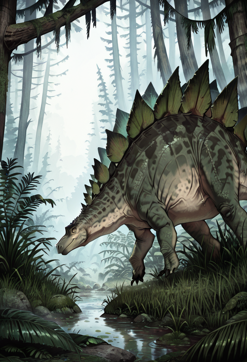masterpiece, best quality,    zzStego, close up, outdoors, water, tree, leaf, grass, plant, nature, forest  ,<lora:StegosaurusDinosaur_IXL:1.0>,