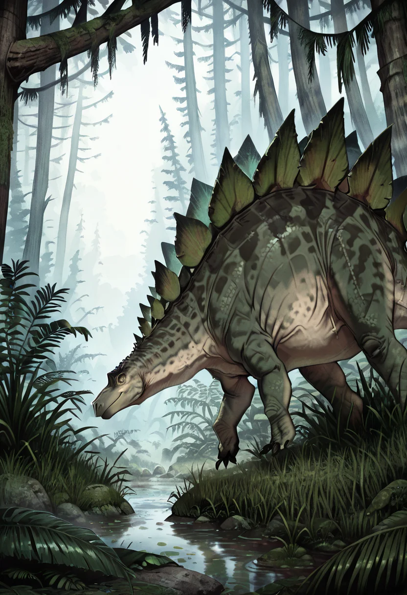 masterpiece, best quality, zzStego, close up, outdoors, water, tree, leaf, grass, plant, nature, forest ,<lora:StegosaurusDinosaur_IXL:1.0>,