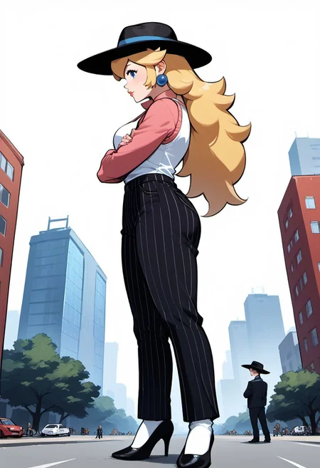 score_9, score_8_up, score_7_up, score_6_up, score_5_up, score_4_up, high quality, (Extremely detailed), 1.5, <Lora:add-detail-xl:1.5>, princess peach, blonde hair, blue eyes, long hair, black fedora hat, white tank top, black pinstripe suit pants, black mule heels, Marco, Giantess, giga size, gigantic, city, standing, side view, arms crossed, looking down, tiny people