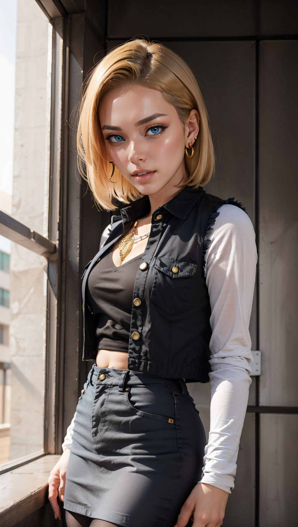 masterpiece, best quality, intricate detail,  <lora:android_18_v110:0.6> android_18, and18, 1girl, android 18,  dragon ball z setting,  solo, blonde hair, short hair,  blue eyes, earrings, jewelry, denim vest, open vest, black pantyhose, black shirt, denim skirt, striped long sleeves, blue skirt,   clenched teeth,  <lora:emotion_angry_slider_v1:0.8>