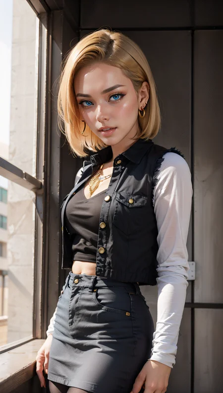 masterpiece, best quality, intricate detail,  <lora:android_18_v110:0.6> android_18, and18, 1girl, android 18,  dragon ball z setting,  solo, blonde hair, short hair,  blue eyes, earrings, jewelry, denim vest, open vest, black pantyhose, black shirt, denim skirt, striped long sleeves, blue skirt,   clenched teeth,  <lora:emotion_angry_slider_v1:0.8>