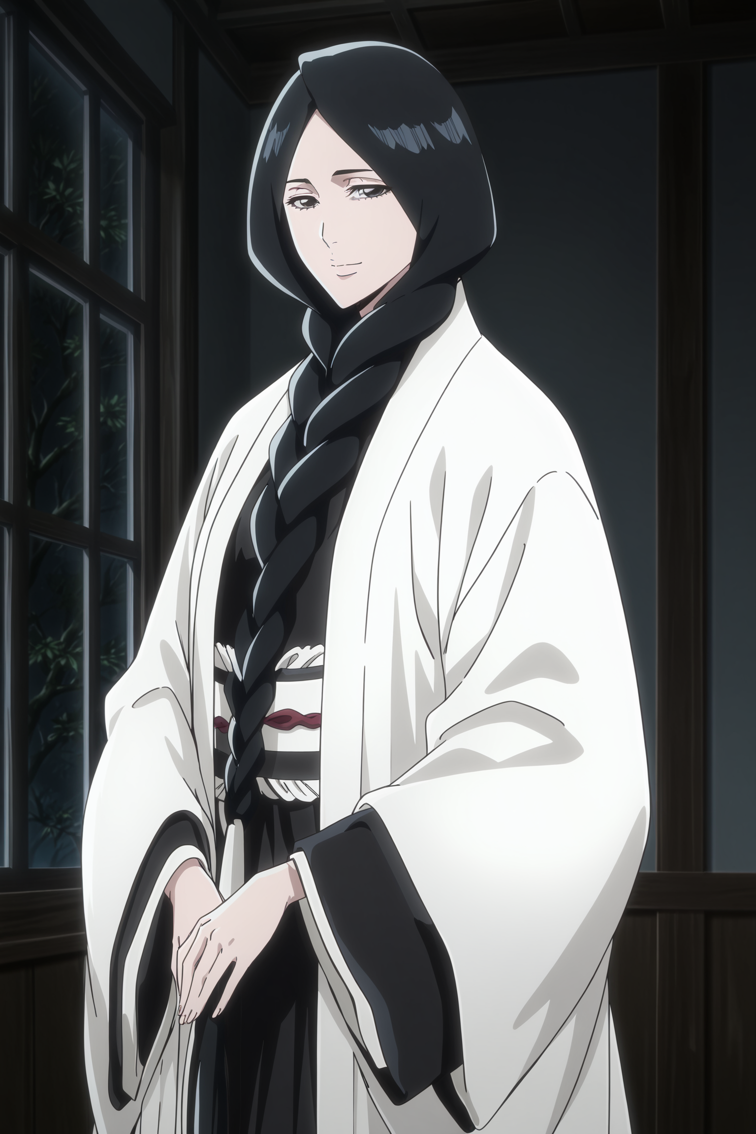 anime screencap, anime coloring, detailed face, masterpiece, best quality, very aesthetic, absurdres, volumetric lighting, official style, amazing quality, ultra detailed,  highres, amazing quality, scenery, beautiful detailed hair, beautiful detailed eyes, defined fingers,
 <lora:Retsu_Unohana_Bleach_Thousand-Year_Blood_War:1>
Retsu braided hair (appearance), Retsu Unohana (character), 1girl, solo, black hair, braid, looking at viewer, black eyes, indoors, window, single braid, hair over shoulder, long hair, closed mouth, cowboy shot, smile