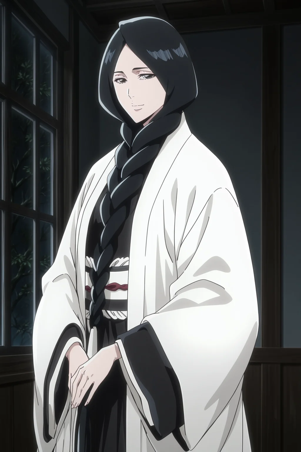 anime screencap, anime coloring, detailed face, masterpiece, best quality, very aesthetic, absurdres, volumetric lighting, official style, amazing quality, ultra detailed,  highres, amazing quality, scenery, beautiful detailed hair, beautiful detailed eyes, defined fingers,
 <lora:Retsu_Unohana_Bleach_Thousand-Year_Blood_War:1>
Retsu braided hair (appearance), Retsu Unohana (character), 1girl, solo, black hair, braid, looking at viewer, black eyes, indoors, window, single braid, hair over shoulder, long hair, closed mouth, cowboy shot, smile