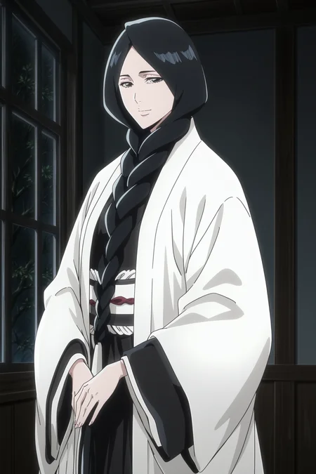anime screencap, anime coloring, detailed face, masterpiece, best quality, very aesthetic, absurdres, volumetric lighting, official style, amazing quality, ultra detailed, highres, amazing quality, scenery, beautiful detailed hair, beautiful detailed eyes, defined fingers,
<lora:Retsu_Unohana_Bleach_Thousand-Year_Blood_War:1>
Retsu braided hair (appearance), Retsu Unohana (character), 1girl, solo, black hair, braid, looking at viewer, black eyes, indoors, window, single braid, hair over shoulder, long hair, closed mouth, cowboy shot, smile