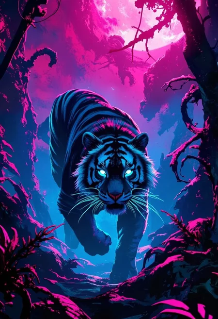 A fierce tiger prowling through a neon blue jungle, set against a deep crimson sky, with blue light reflecting on its striped fur,     highly detailed,gold,silver, bo-neon, ArcaneFGTNR